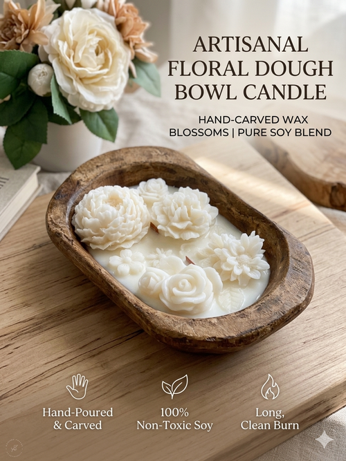Bougie Botanique en Bol de Bois — Fleurs Séchées & Parfum Envoûtant