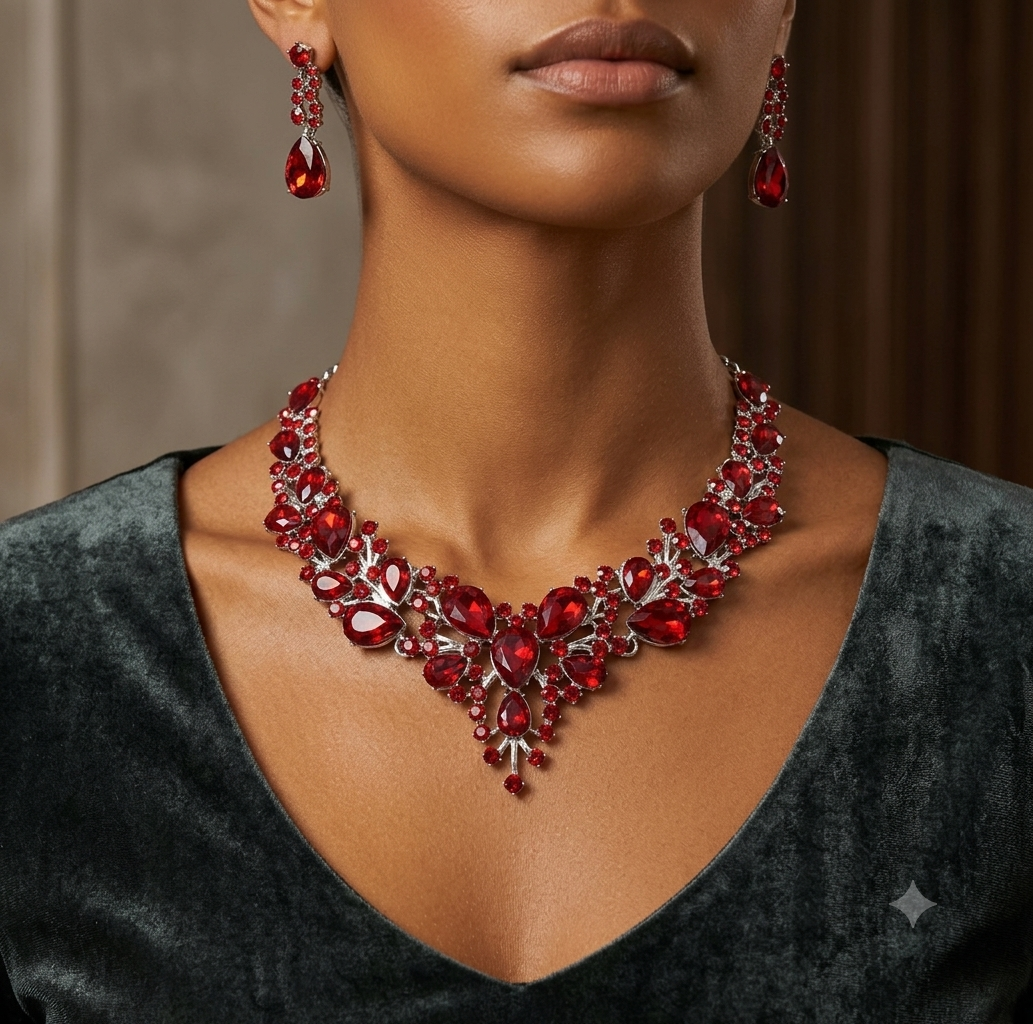 Parure Bijoux Rubis Rouge & Cristal Argent
