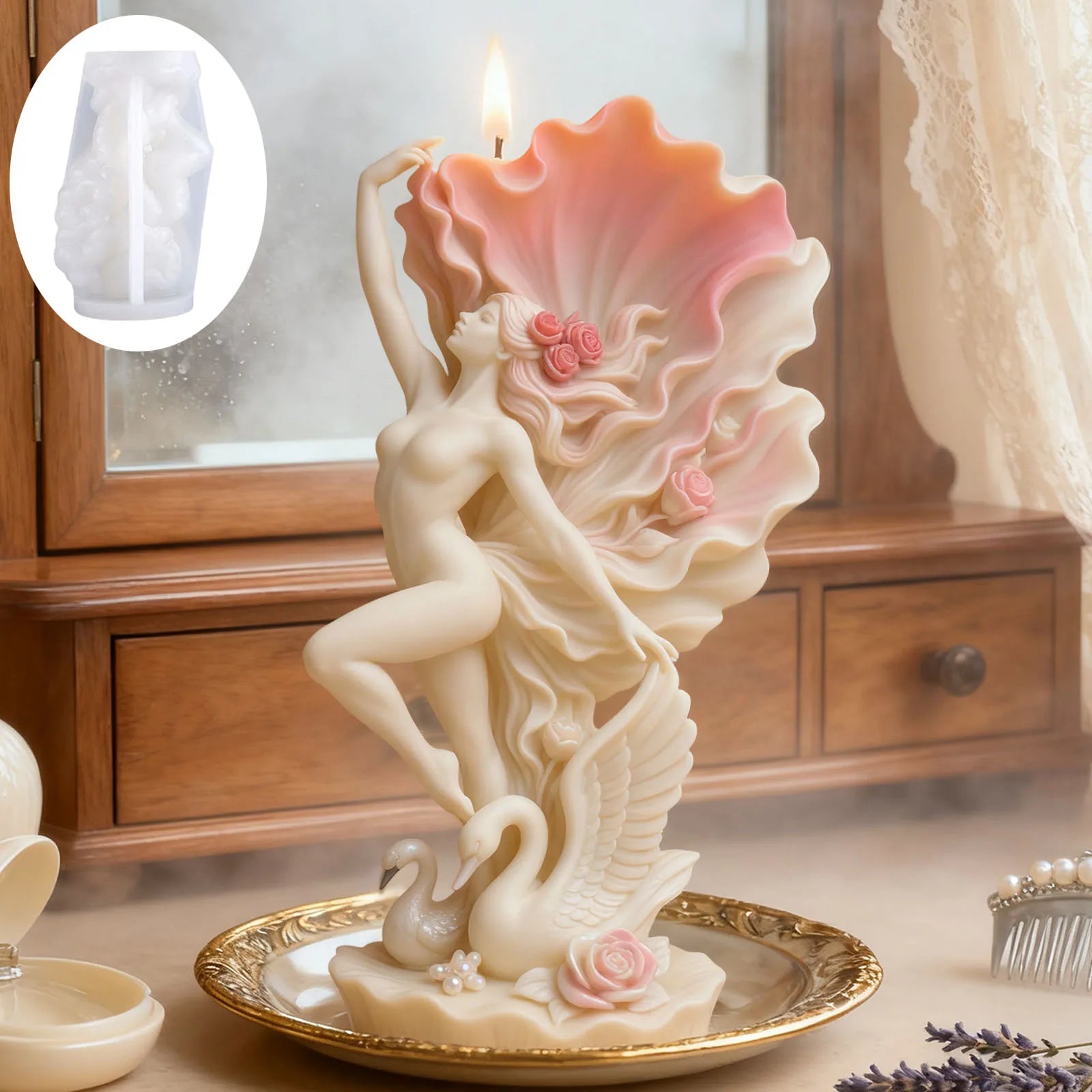 Moule de bougie Cygne Élégant Danseur : jupe en forme de pétales, relief de cygne.