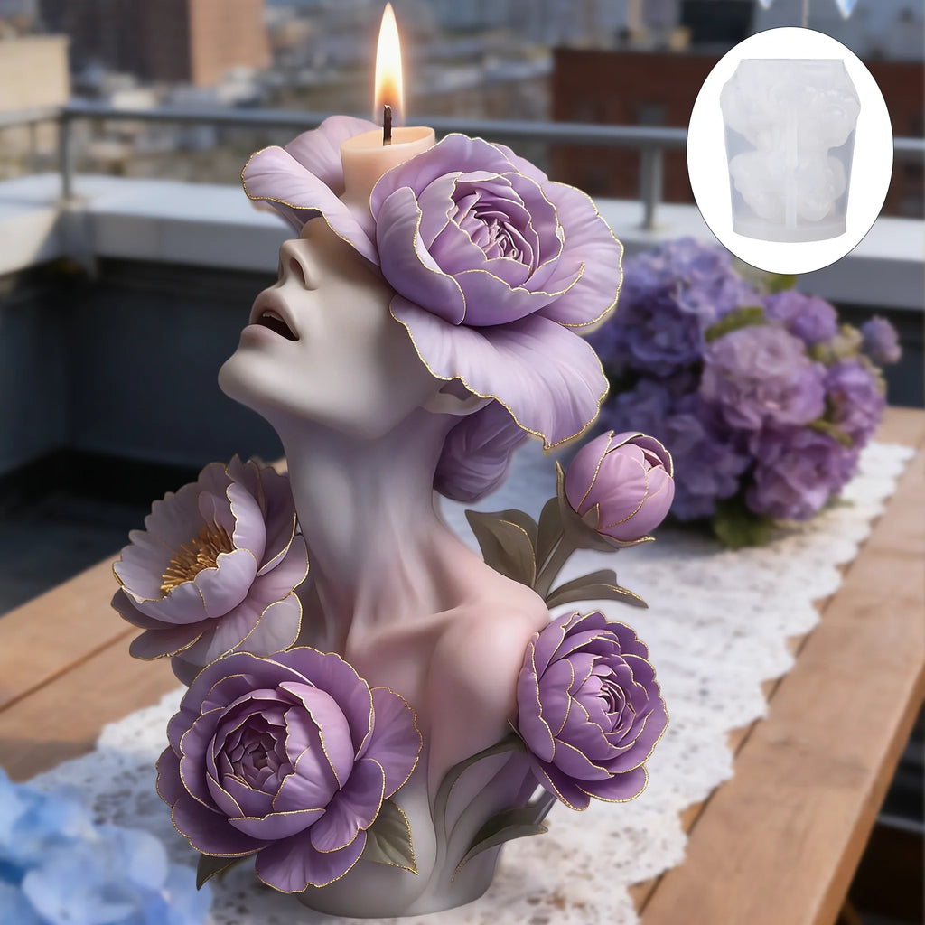 Moule de bougie déesse pivoine violette, relief floral avec figure humaine,
