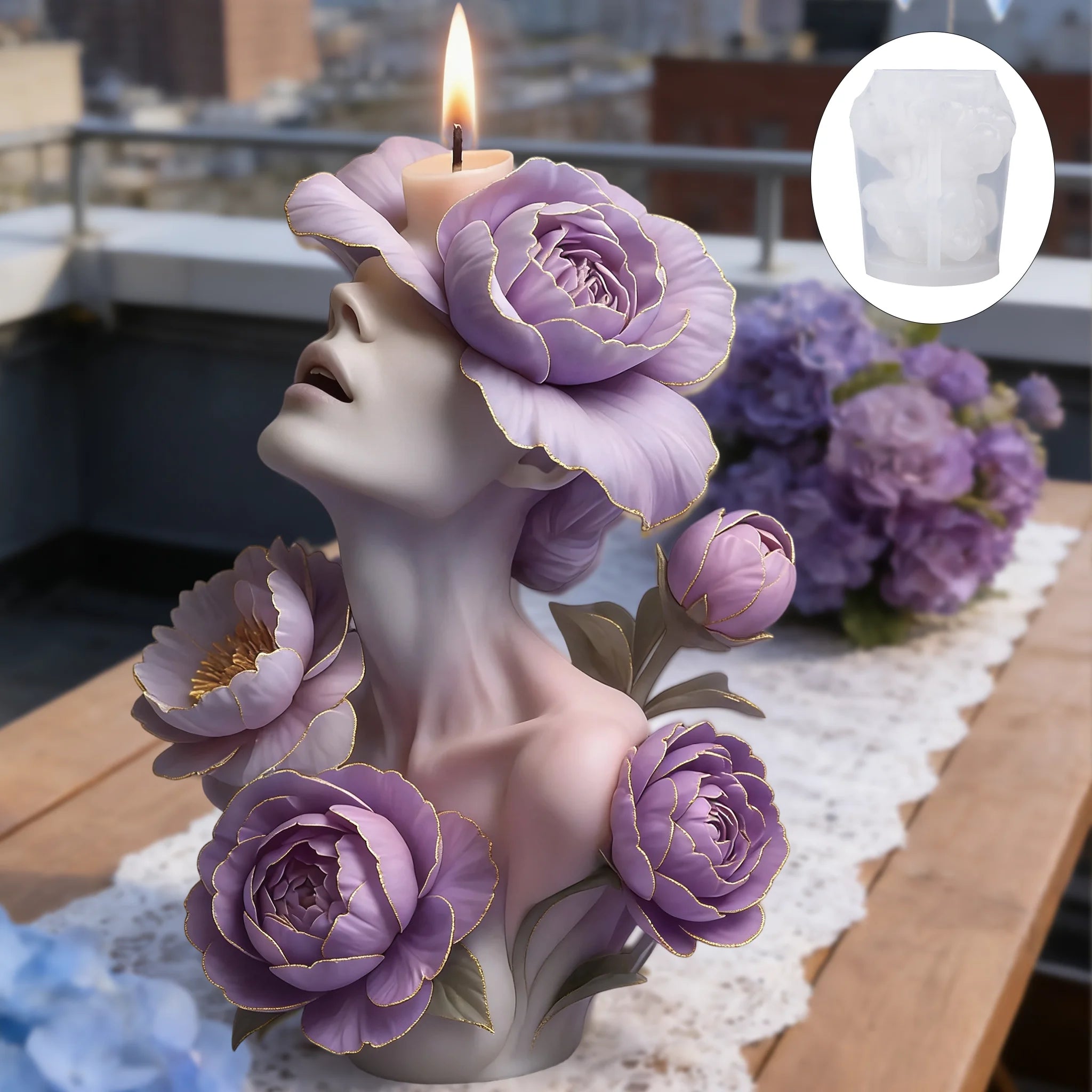 Moule de bougie déesse pivoine violette, relief floral avec figure humaine,