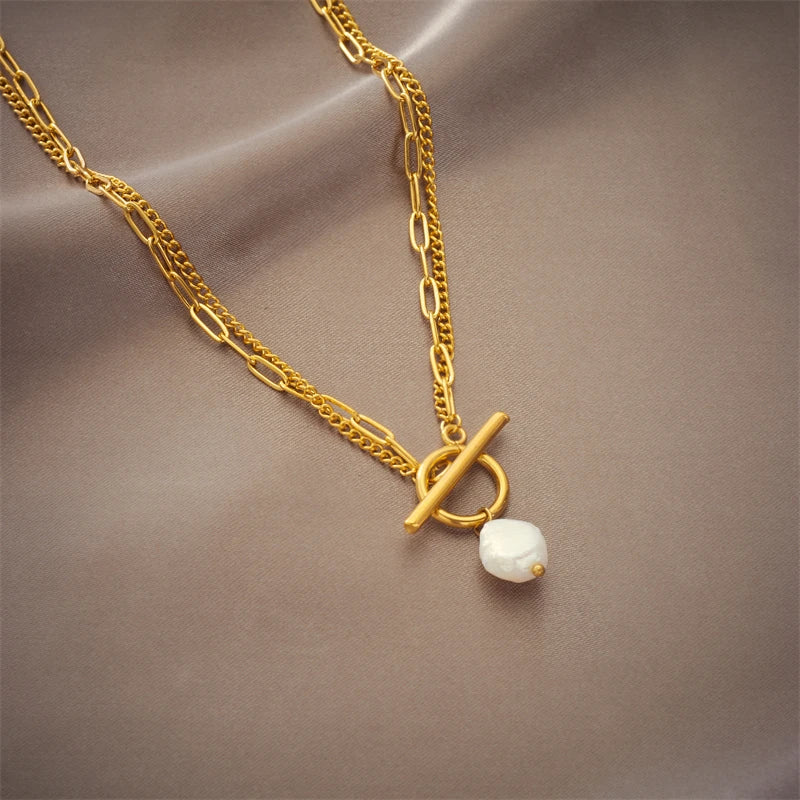 Collier Pendentif Perle & Fermoir OT — Acier Inoxydable 316L