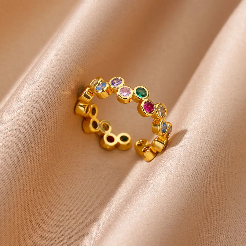 Bagues Cœur Géométrique en Zircon pour Femmes en Acier Inoxydable Couleur Or