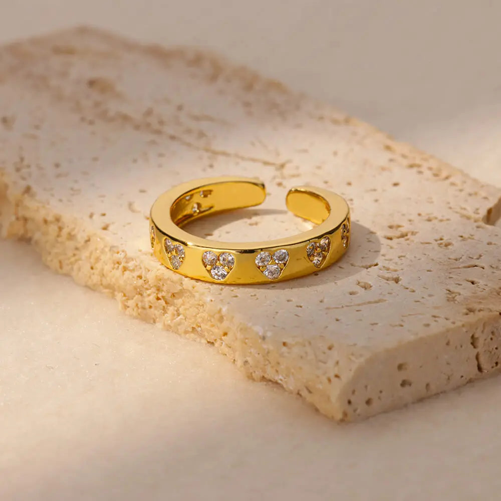 Bagues Cœur Géométrique en Zircon pour Femmes en Acier Inoxydable Couleur Or