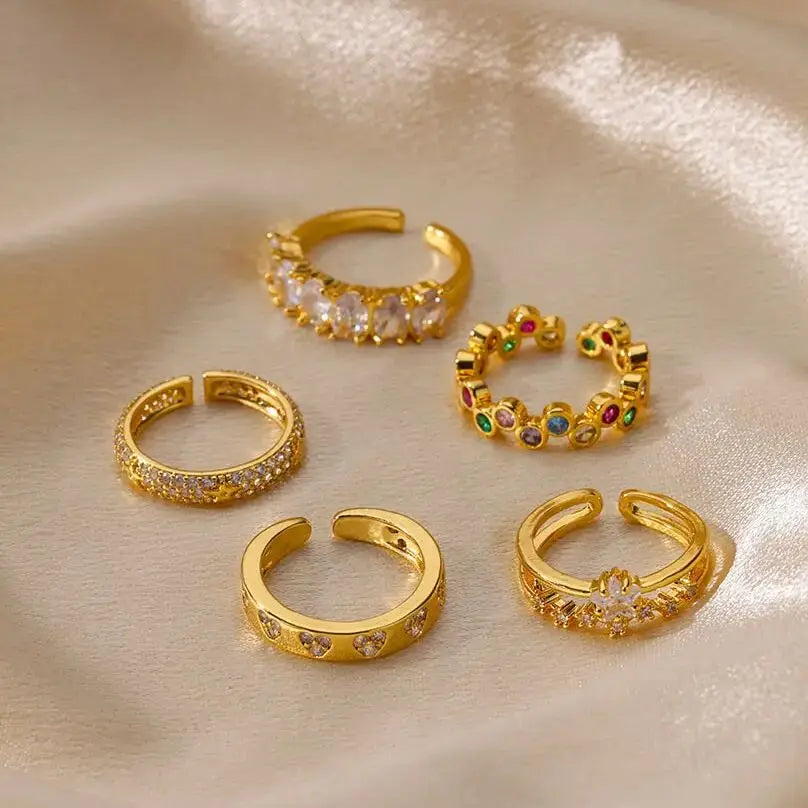 Bagues Cœur Géométrique en Zircon pour Femmes en Acier Inoxydable Couleur Or