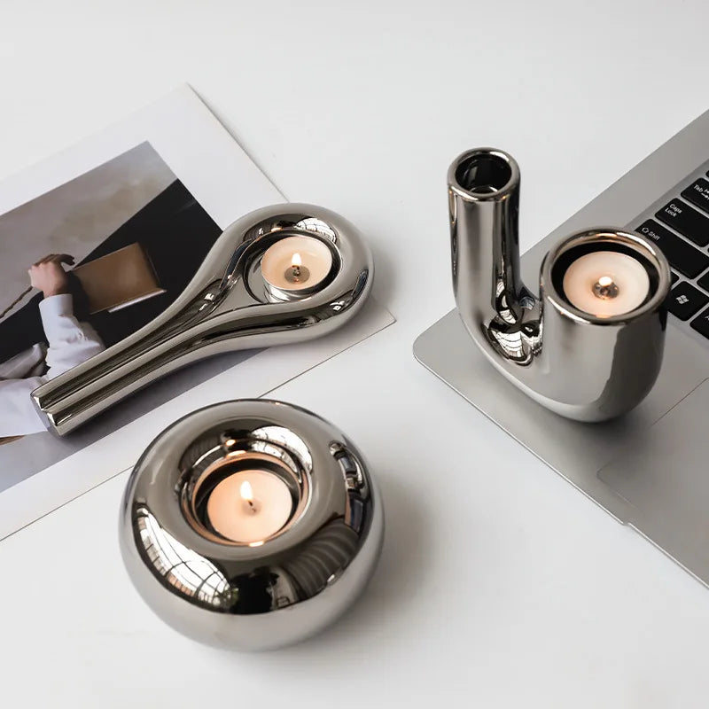 Luxury Electroplating Silver Geometric Ceramic Candlestick Ornaments