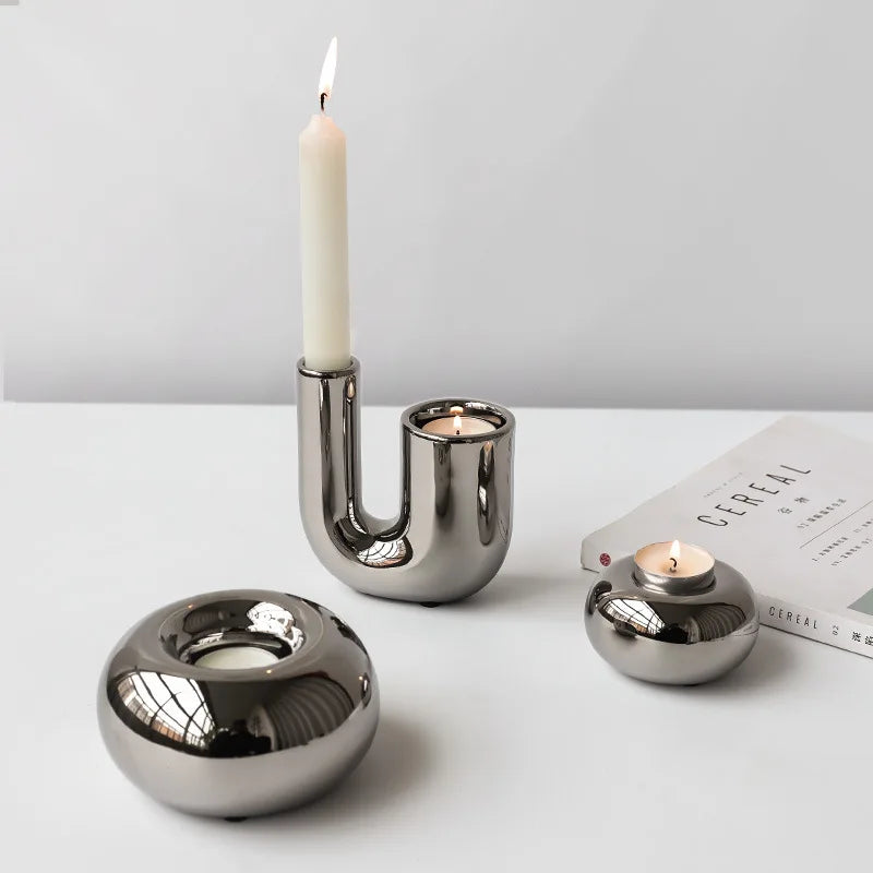 Luxury Electroplating Silver Geometric Ceramic Candlestick Ornaments