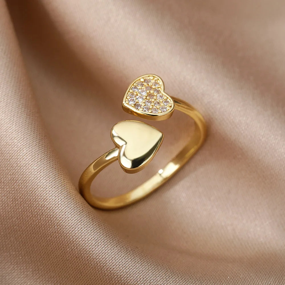Bagues Cœur Géométrique en Zircon pour Femmes en Acier Inoxydable Couleur Or