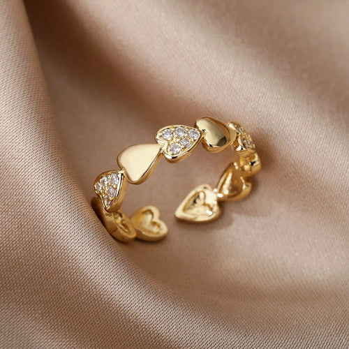 Bagues Cœur Géométrique en Zircon pour Femmes en Acier Inoxydable Couleur Or