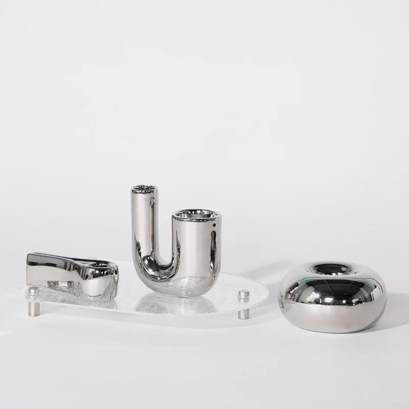 Luxury Electroplating Silver Geometric Ceramic Candlestick Ornaments
