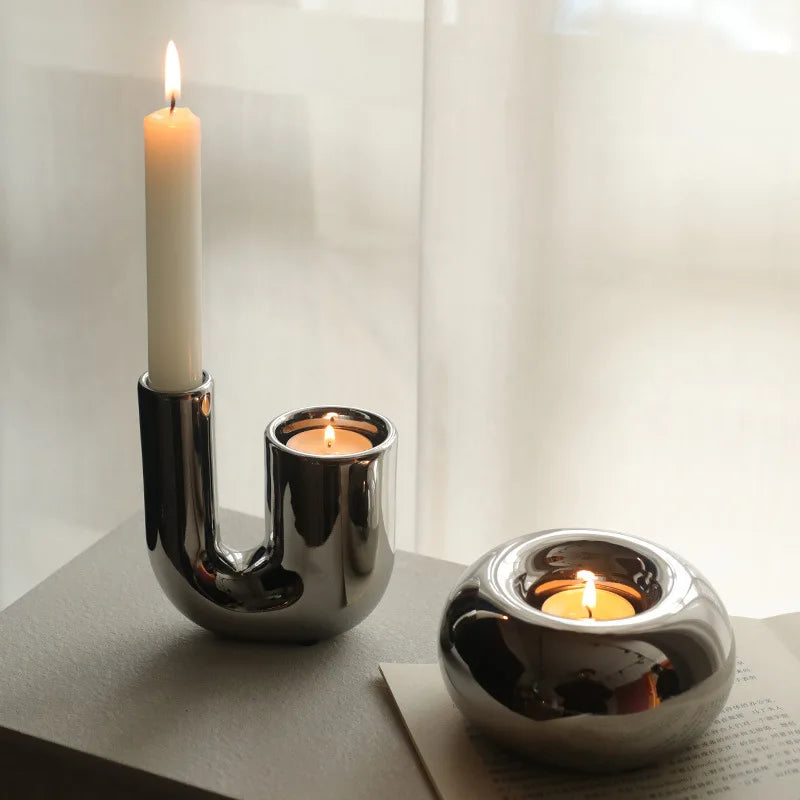 Luxury Electroplating Silver Geometric Ceramic Candlestick Ornaments