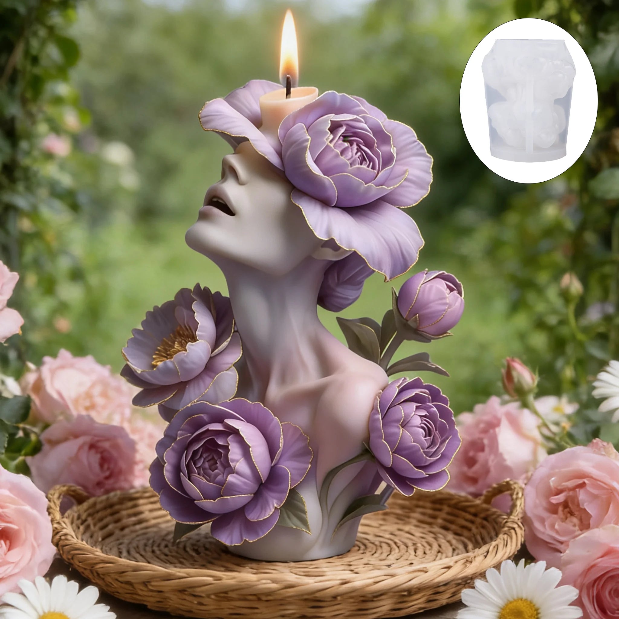 Moule de bougie déesse pivoine violette, relief floral avec figure humaine,