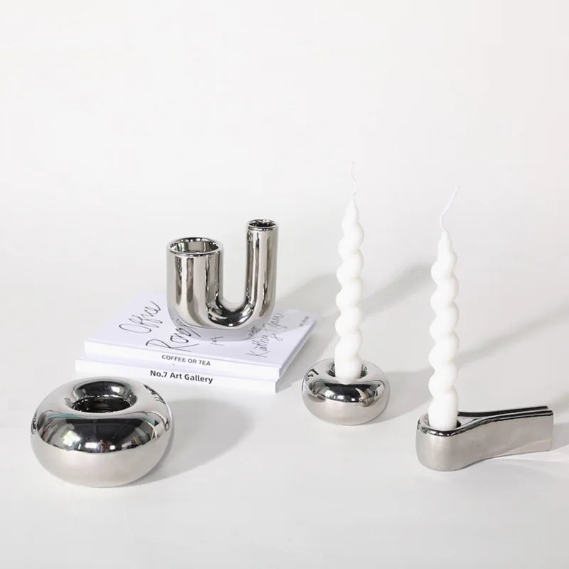 Luxury Electroplating Silver Geometric Ceramic Candlestick Ornaments