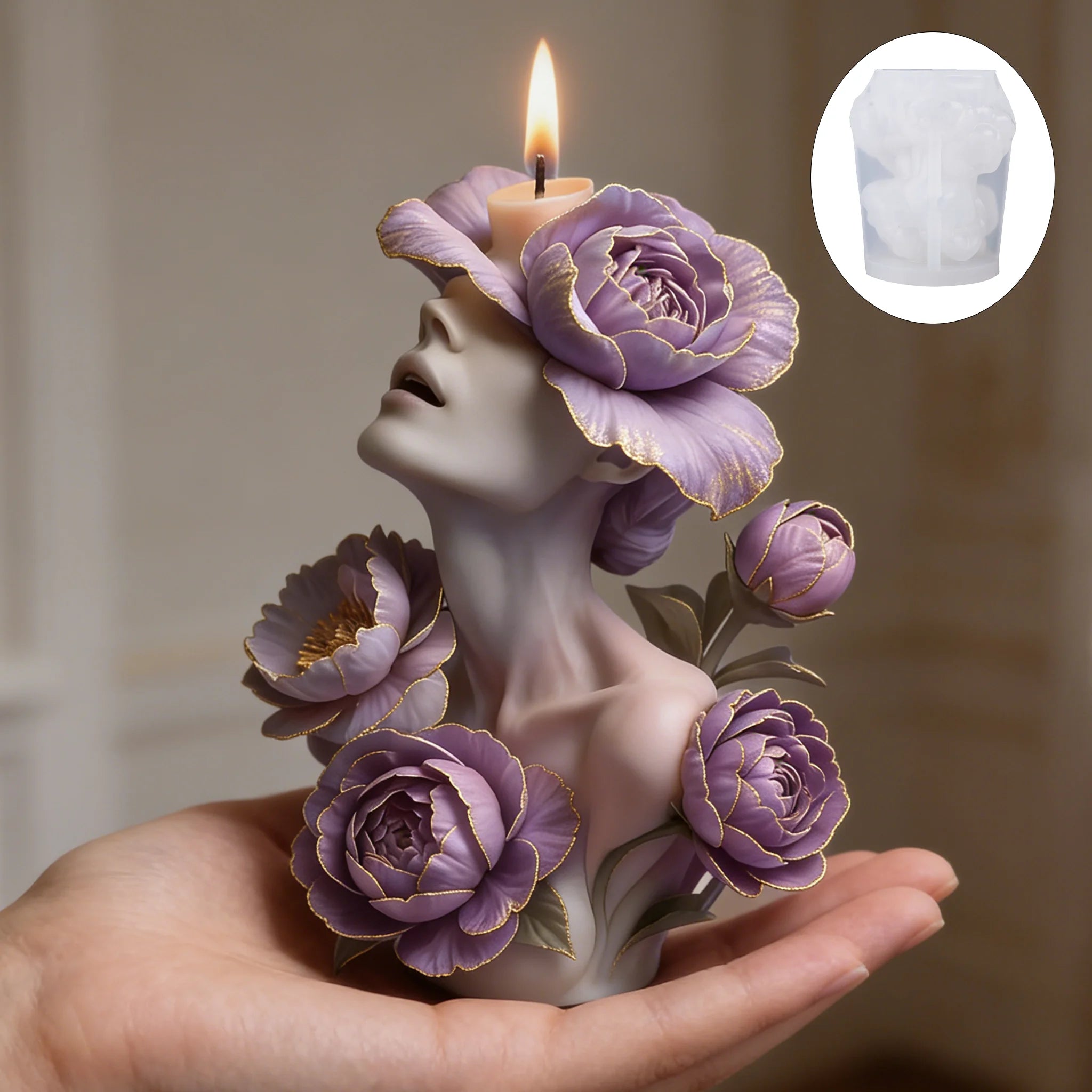 Moule de bougie déesse pivoine violette, relief floral avec figure humaine,