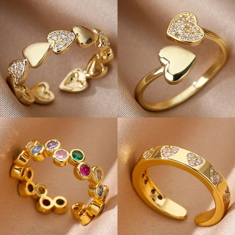 Bagues Cœur Géométrique en Zircon pour Femmes en Acier Inoxydable Couleur Or