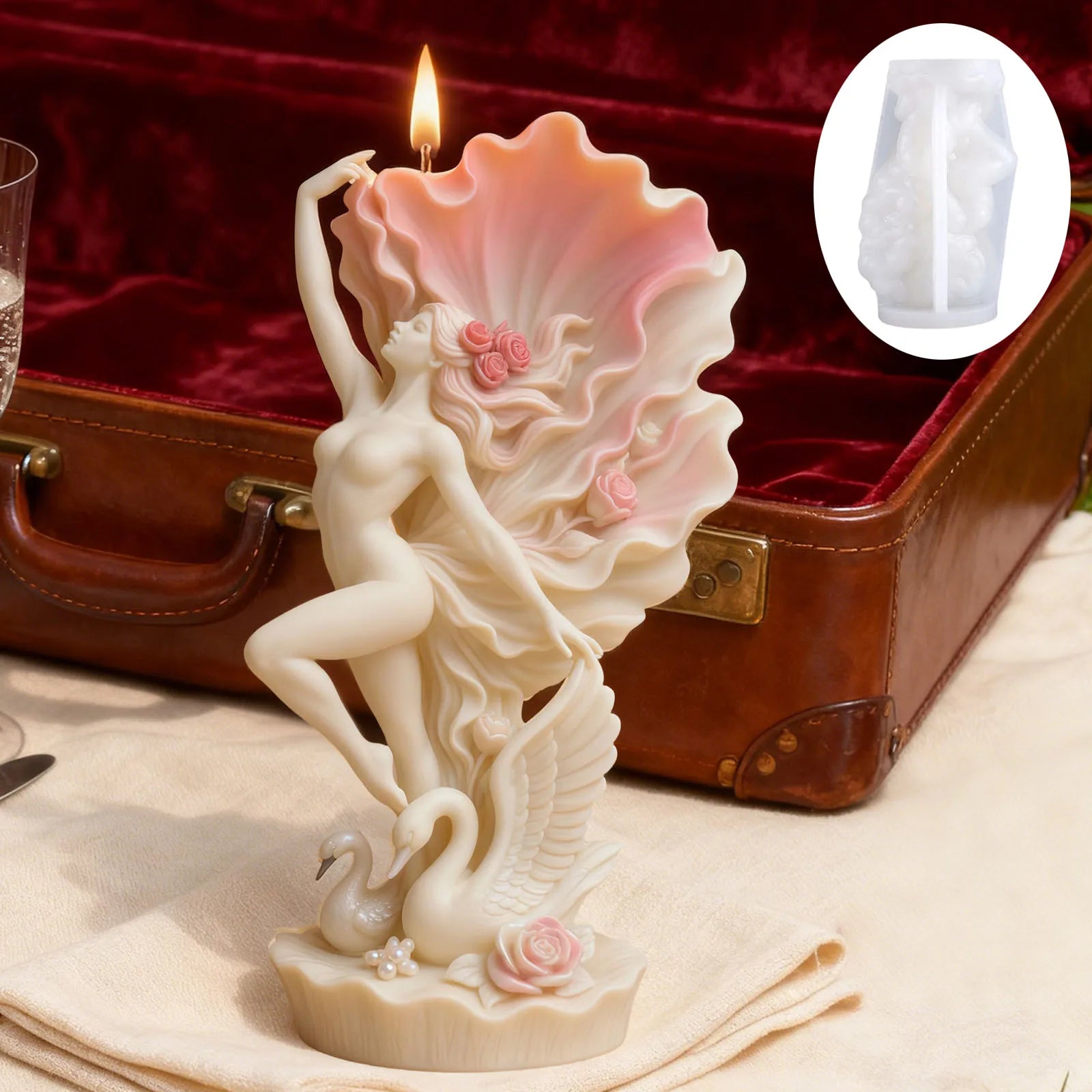 Moule de bougie Cygne Élégant Danseur : jupe en forme de pétales, relief de cygne.