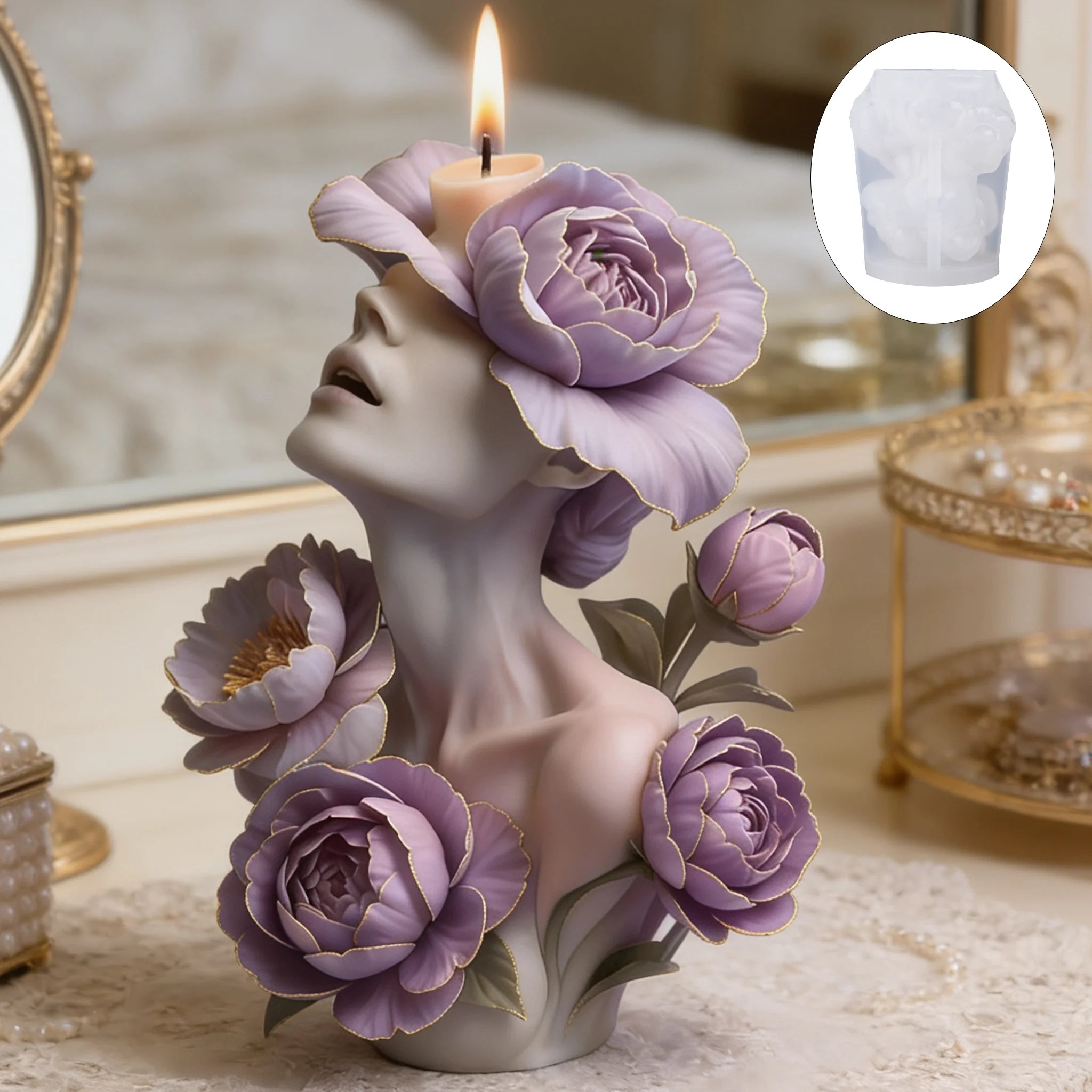 Moule de bougie déesse pivoine violette, relief floral avec figure humaine,