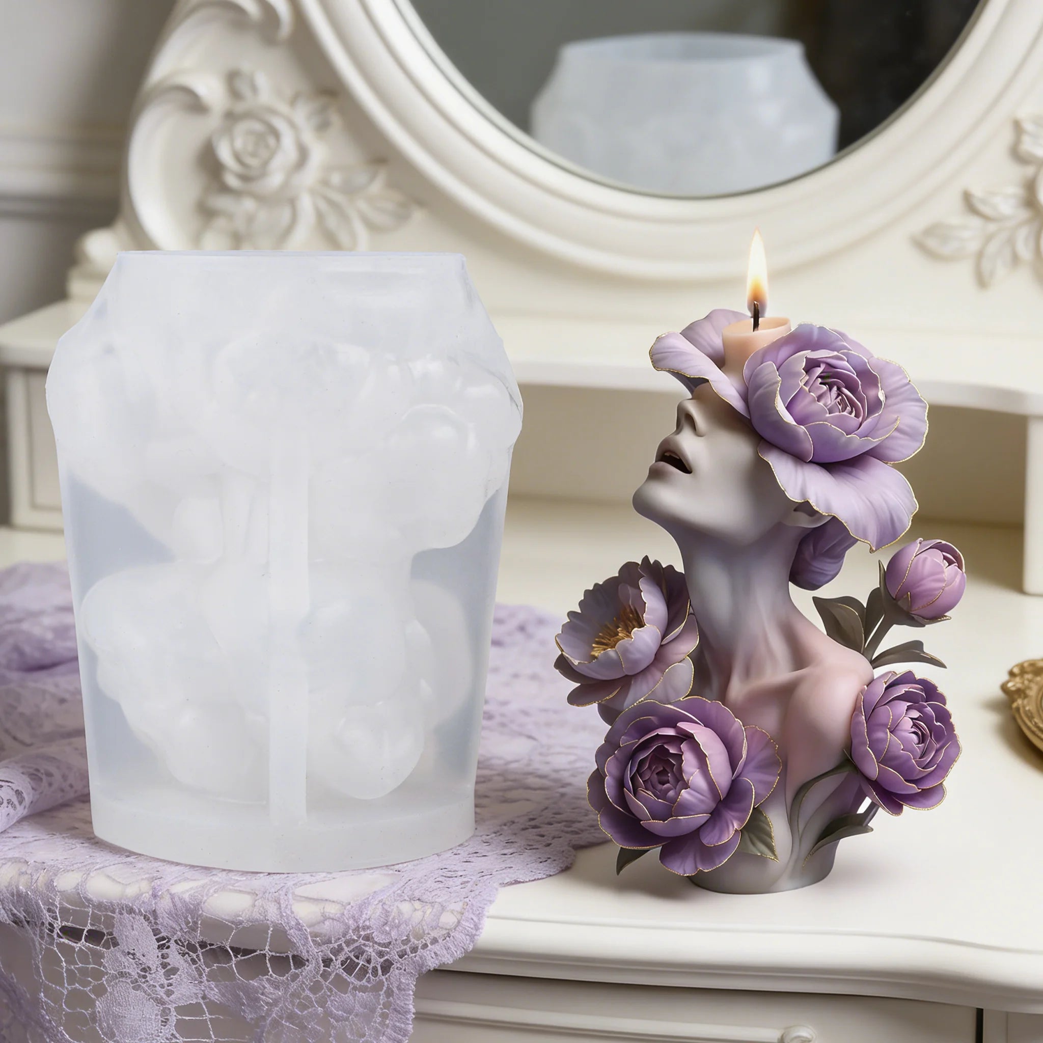 Moule de bougie déesse pivoine violette, relief floral avec figure humaine,