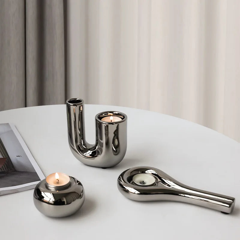 Luxury Electroplating Silver Geometric Ceramic Candlestick Ornaments