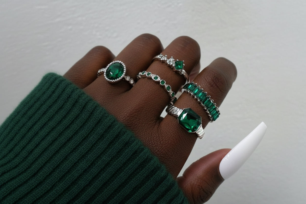Bague Géométrique Émeraude — Set de 5