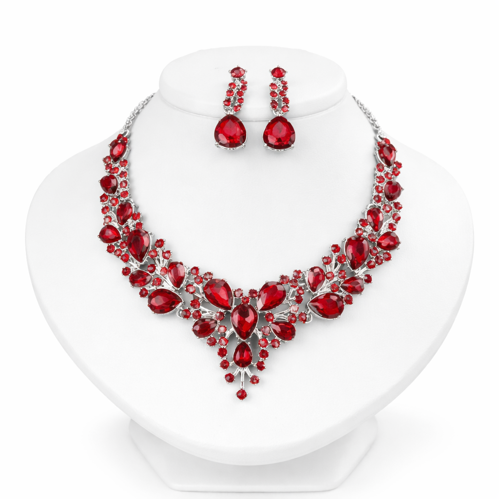 Parure Bijoux Rubis Rouge & Cristal Argent